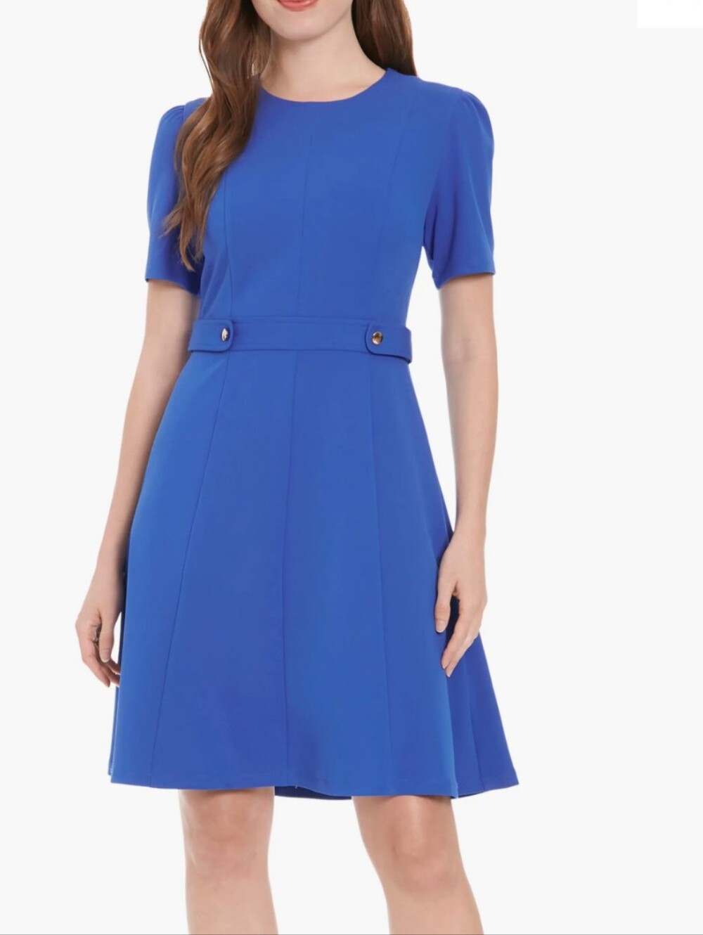 LONDON TIMES Women's Blue Puff-Sleeve Tab-Detail Fit & Flare Dress Sz 10 EUC